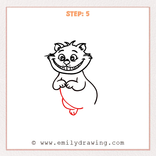 how to draw a cheshire cat - Cheshire Cat drawing now includes a flowing lower body curve and a small dangling foot with simple toe lines.